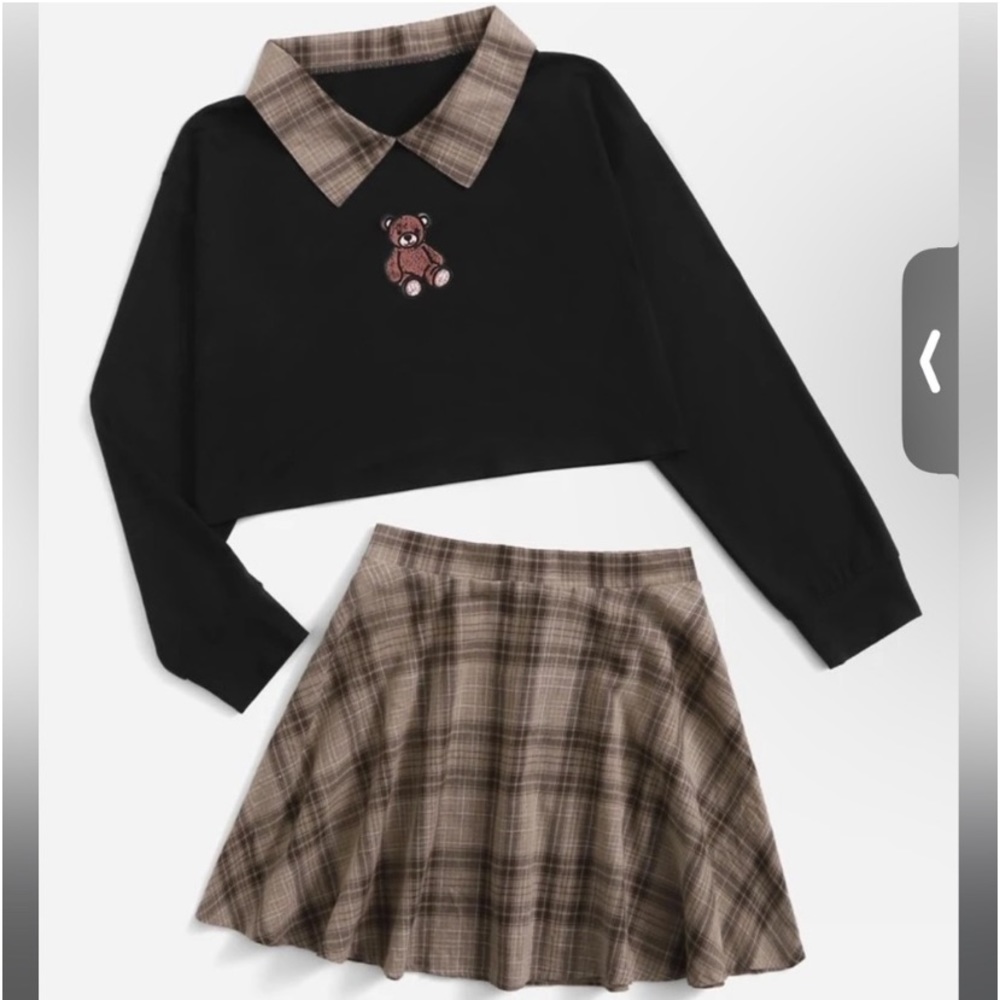 Cartoon Bear Graphic Contrast Collar Tee & Plaid Skirt